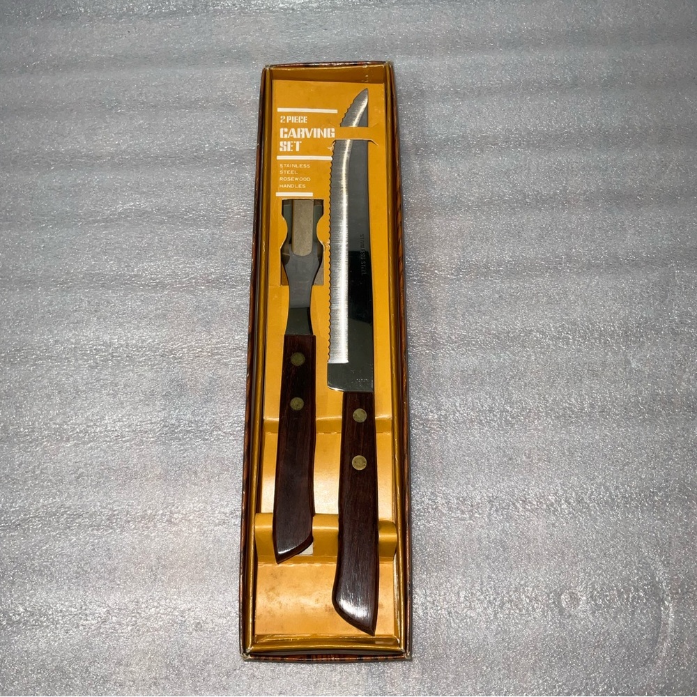 Vintage 2 Piece Carving Set Roast Slicer Knife & Fork Rosewood Handles Stainless